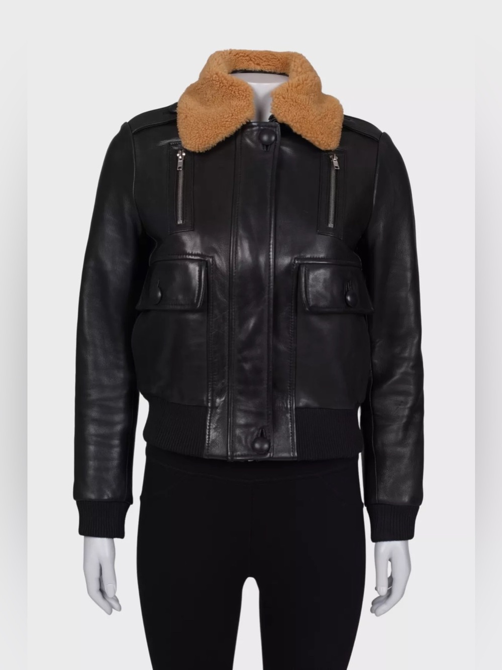 Maje Paris Black Leather Bomber Jacket Removable Shearling Collar Aviator